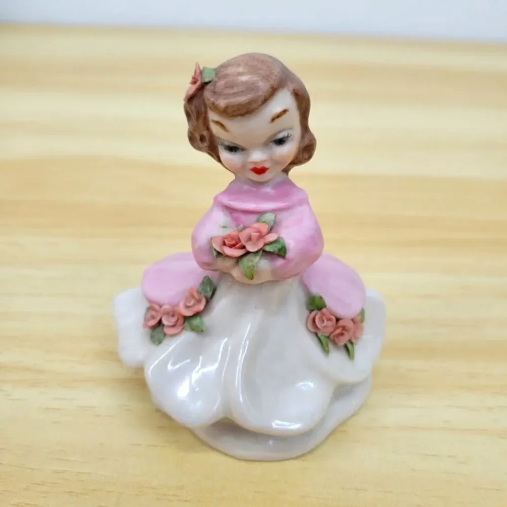 Vintage Pink & Lustery Girl with Applied Flowers Ceramic Figurine
